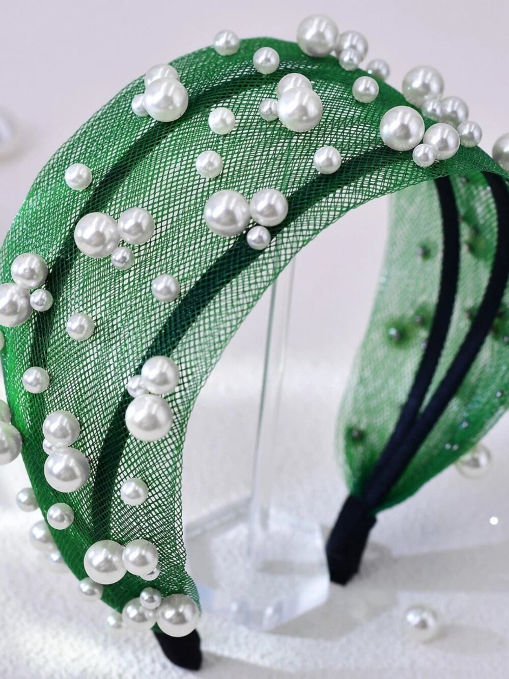 Handmade Green Pearl Headband for Women, Wide Padded Hair Hoop